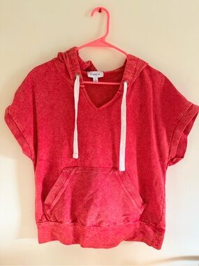 Evereve Short-Sleeve Hooded Pullover in Red with White Drawstrings